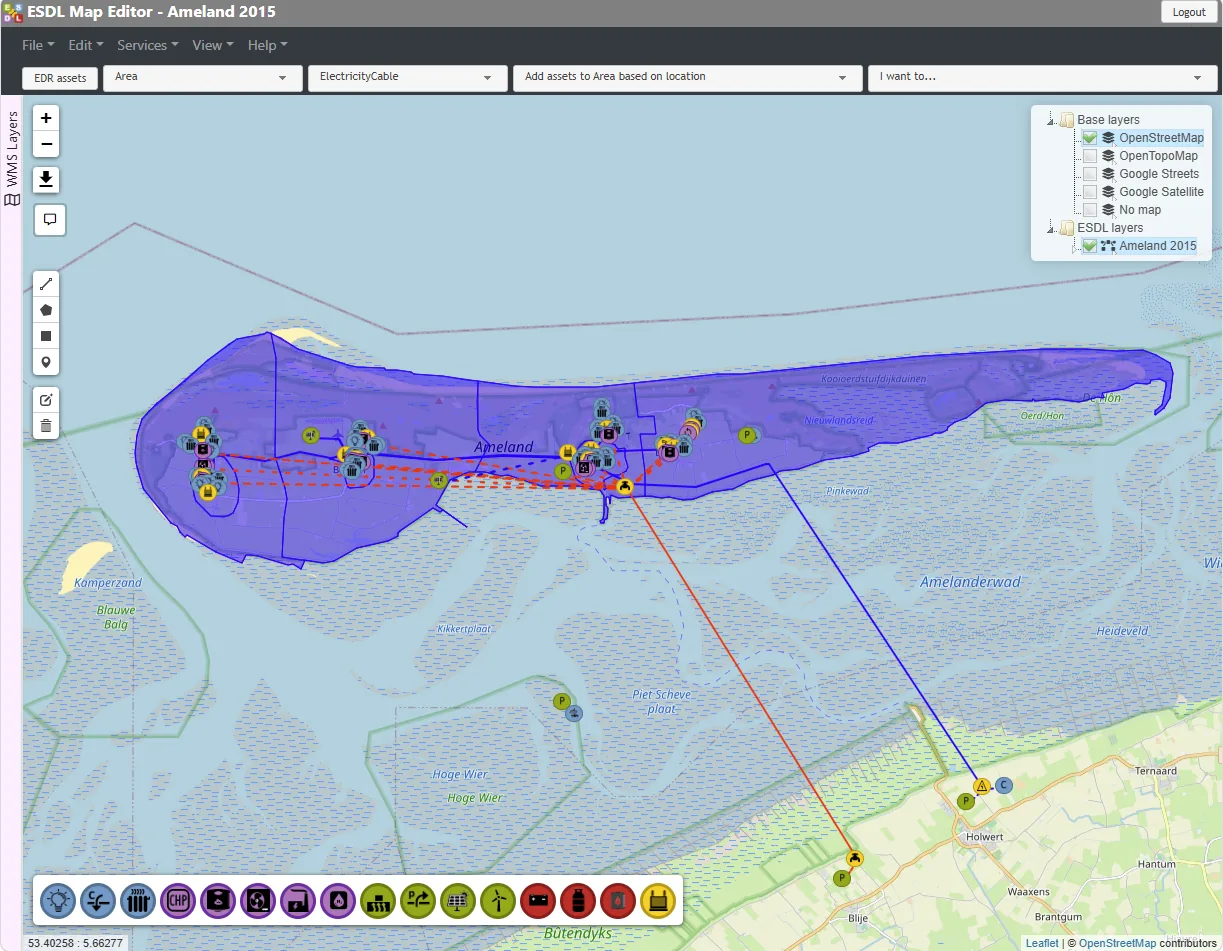 ESDL Map Editor met een energiesysteemmodel van Ameland